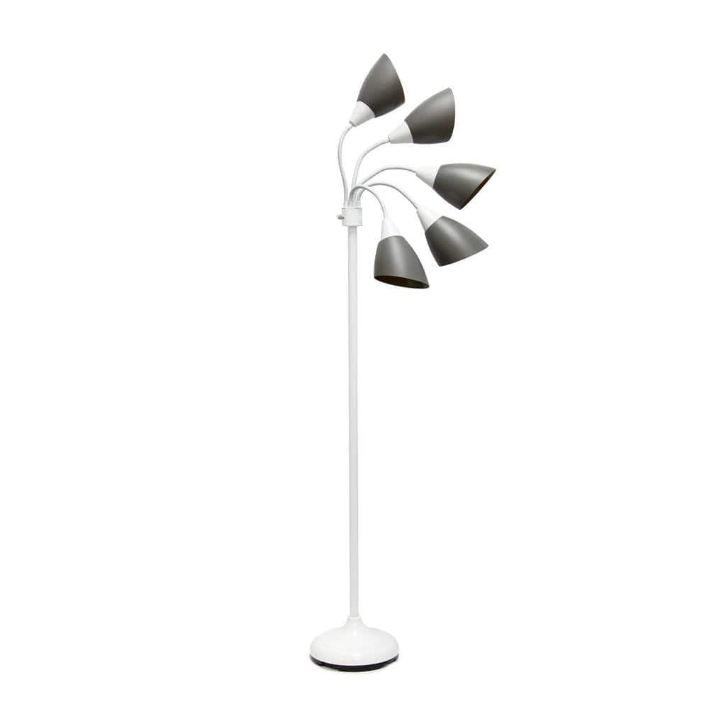 Simple Designs 67" Contemporary Multi 5-Head Adjustable Gooseneck Floor Lamp with Shades Gray : ETL Listed, Metal Body, Rotary Dimmer Switch