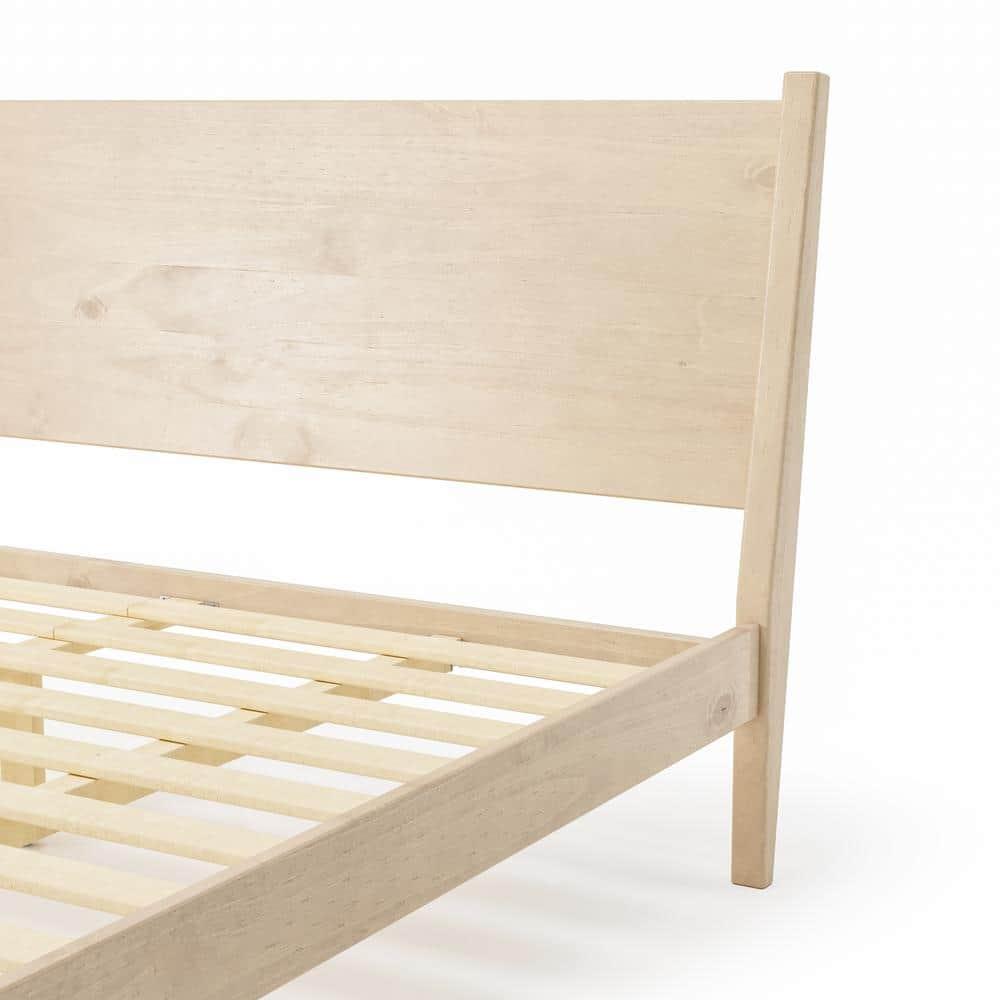 Mid-Century Light Oak King Pine Wood Upholstered Platform Bed