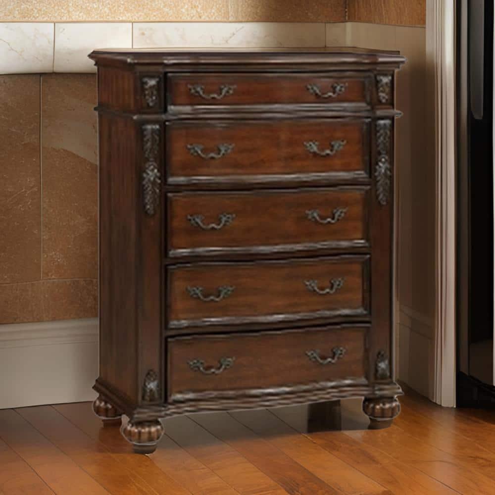 Benjara Nami 50 Inch Tall Dresser Chest, 5 Drawers, Carved Cherry Brown Solid Wood