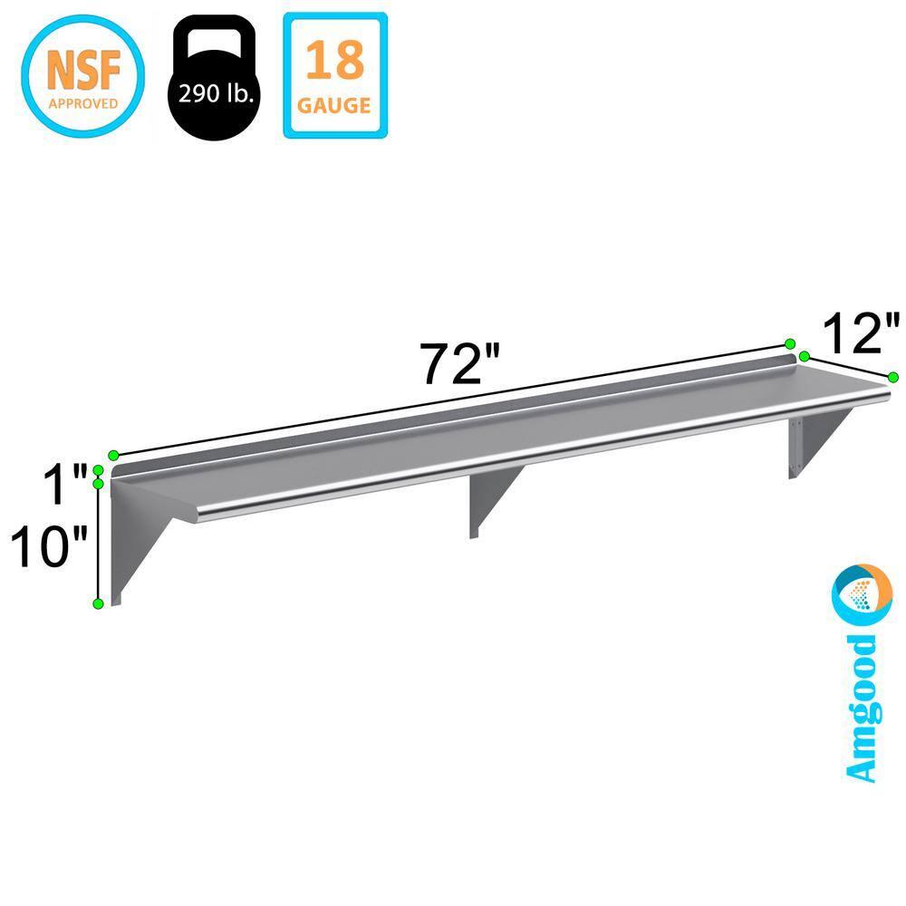 AmGood 12 in. x 72 in. Stainless Steel Wall Shelf | NSF Certified | Appliance & Equipment Metal Shelving | Kitchen, Restaurant, Garage, Laundry, Utility Room