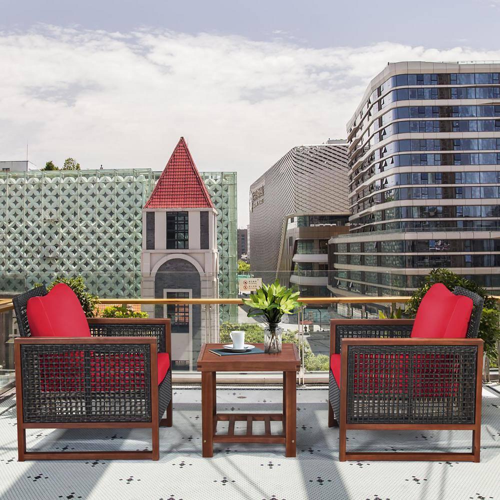 Costway 3PCS Patio Wicker Furniture Set Solid Wood Frame Cushion Sofa w/ Square Table Shelf Red
