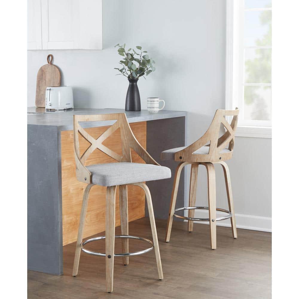 Set of 2 Charlotte Counter Height Barstools White Wash/Light Gray - LumiSource: Upholstered Swivel, Wood Frame