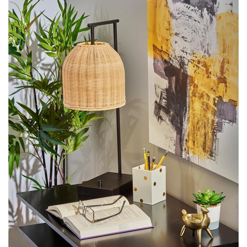 Adesso Bahama Table Lamp Dark Bronze: Inverted Basket Shape, Rattan Shade, ETL Listed, No Assembly Required