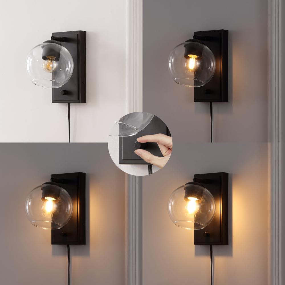Hugo 6" 1-Light Minimalist Modern Plug-In or Hardwired Adjustable Iron LED Wall Sconce with Rotary Dimmer, Oil Rubbed Bronze with Clear Globe