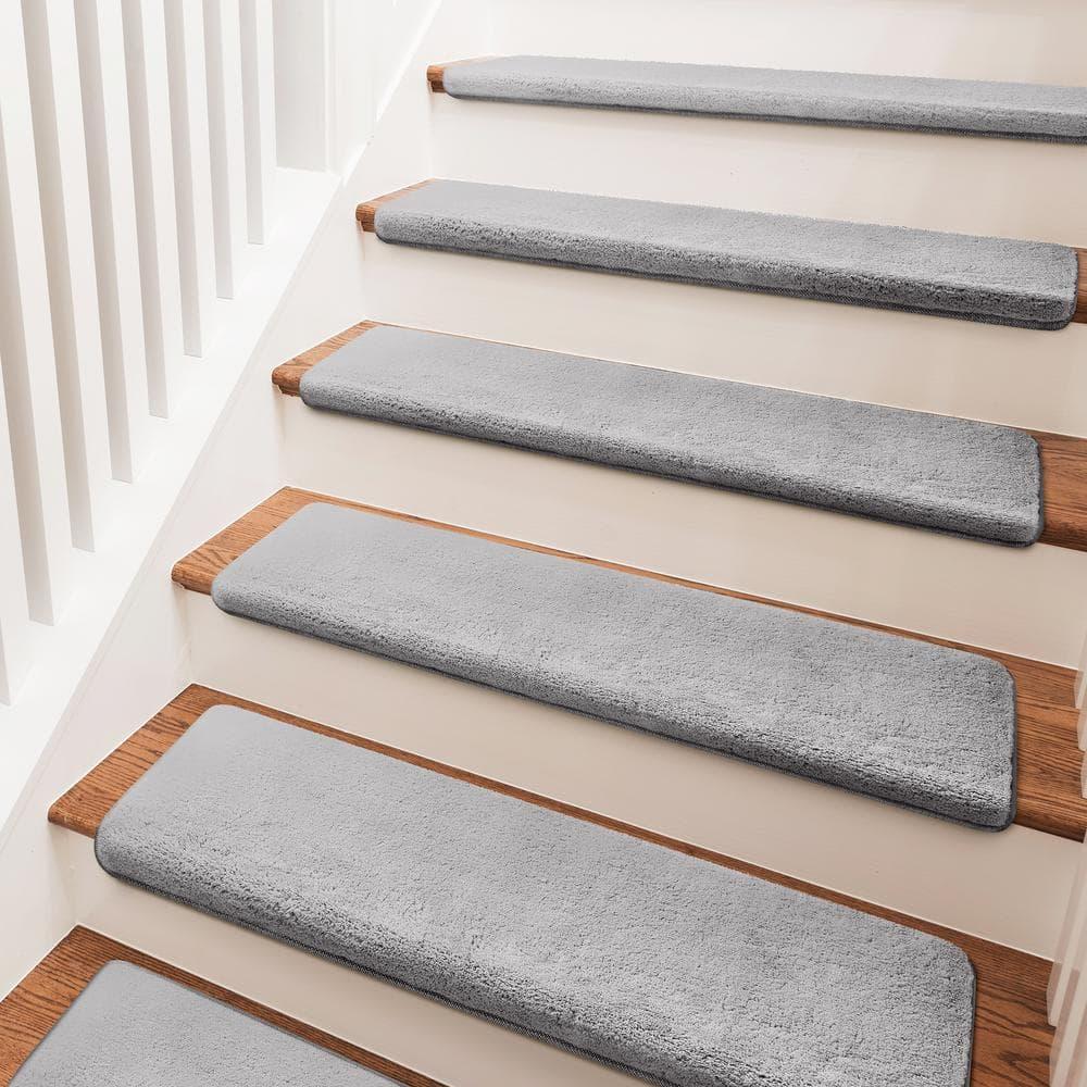 PURE ERA Bullnose Soft Plush Carpet Stair Treads Wooden Steps Rugs Self Adhesive Non-slip 9.5" x 30"x1.2" (Set of 7, Gray)