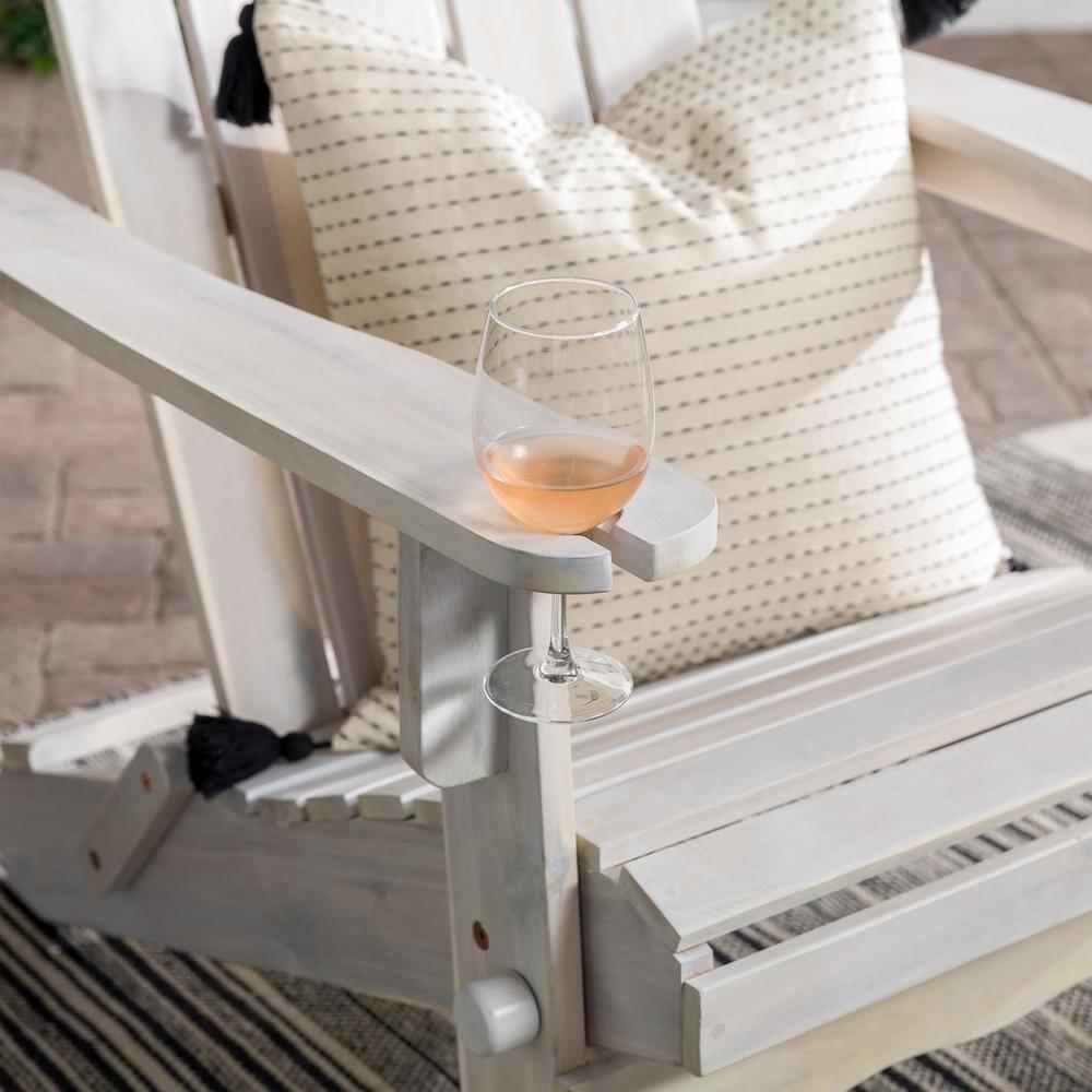 Outdoor Wood Adirondack Chair with Wine Glass Holder in White Wash
