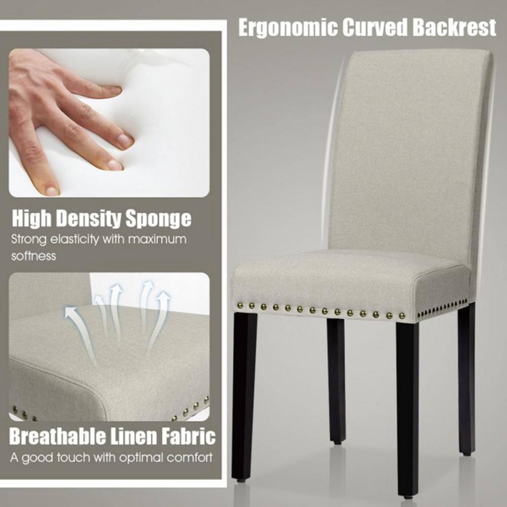 Costway Set of 2 Fabric Dining Chairs Upholstered with Nailhead Trim Beige