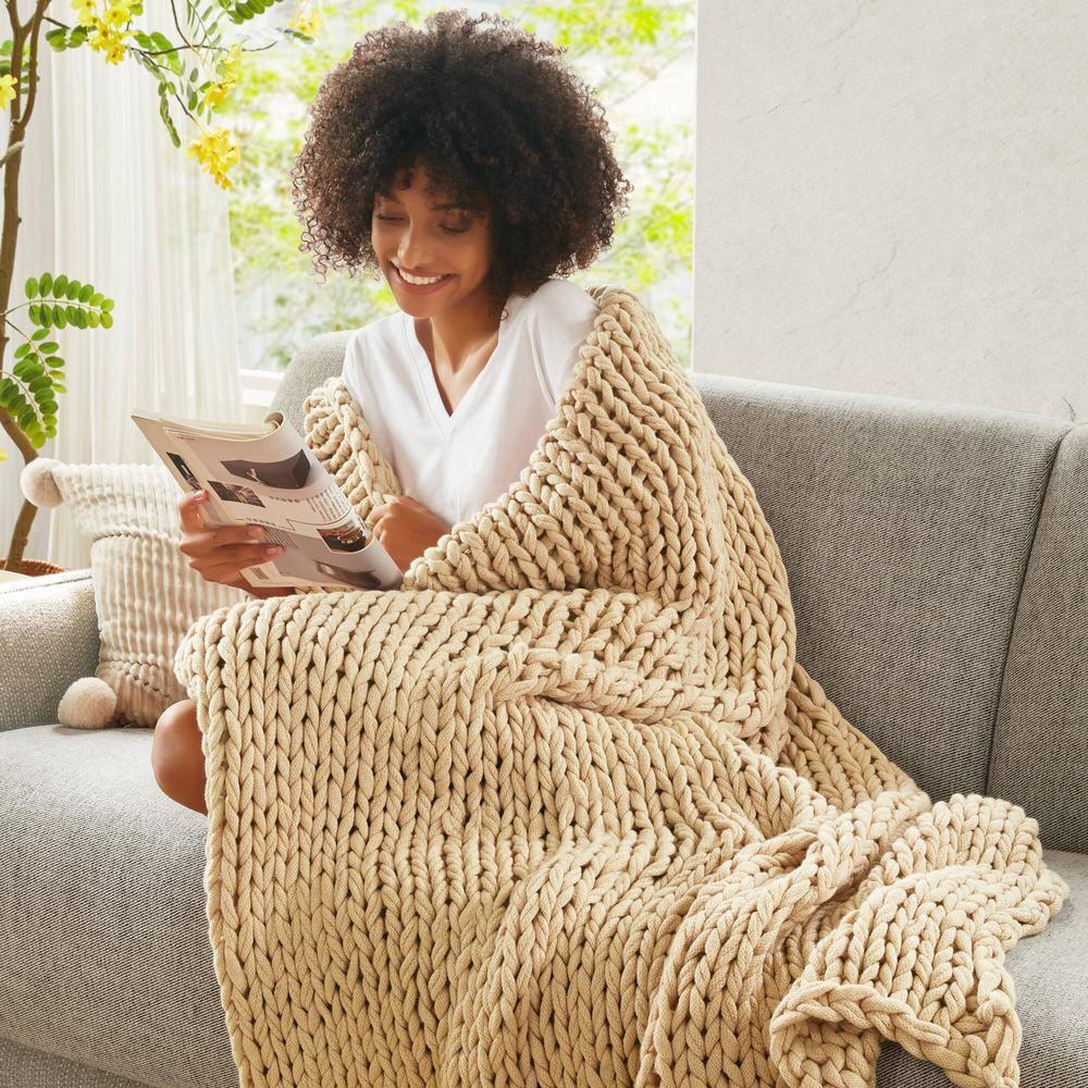 50"x60" Chunky Double Knit Handmade Throw Blanket Tan - Madison Park
