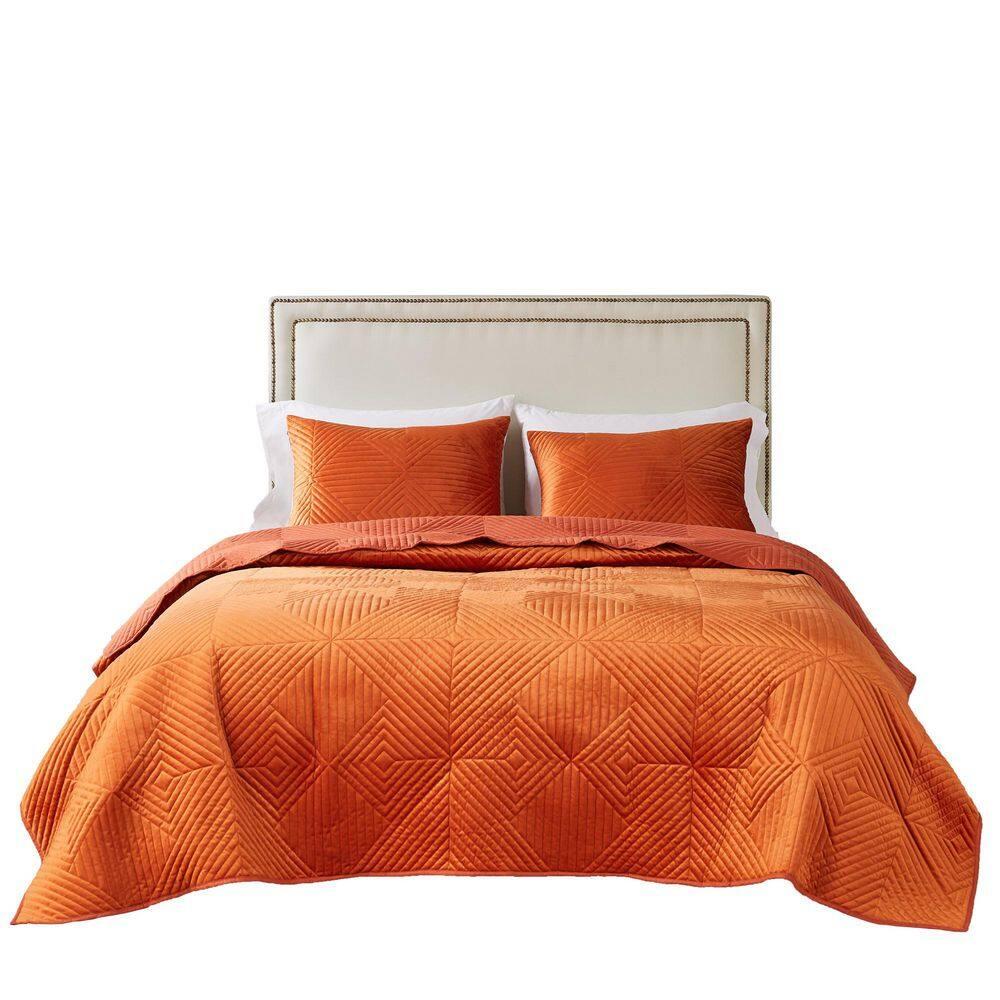 Greenland Home Fashions 3pc King Riviera Velvet Quilt & Sham Set Spice Orange: Microfiber, Zipper Closure, Year-Round