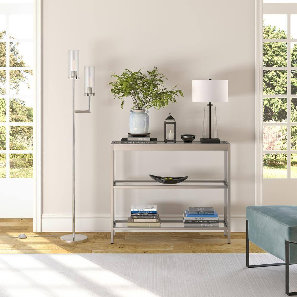 Evelyn&Zoe Basso 2-Light Torchiere Floor Lamp with Glass Shade in Polished Nickel/Clear