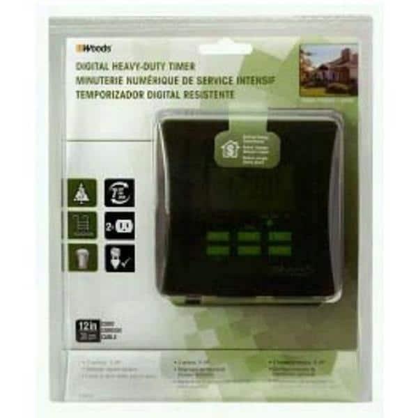 Woods 50015WD Outdoor 7-Day Heavy Duty Digital Plug-in Timer, 2 Grounded Outlets, Weatherproof, Perfect for Automating Holiday/Christmas Lights, Energy Saving Precision Programming, Black & Green