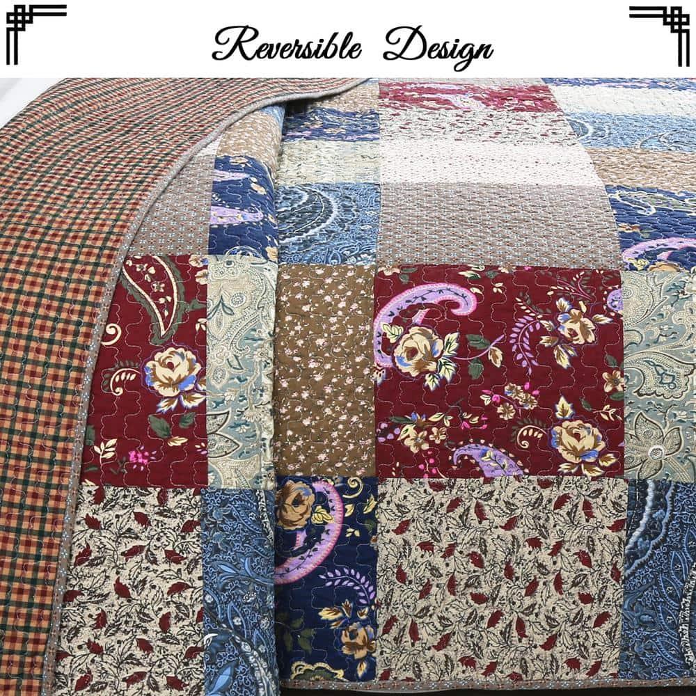 King Size Red and Navy Cotton Reversible Patchwork Quilt Set