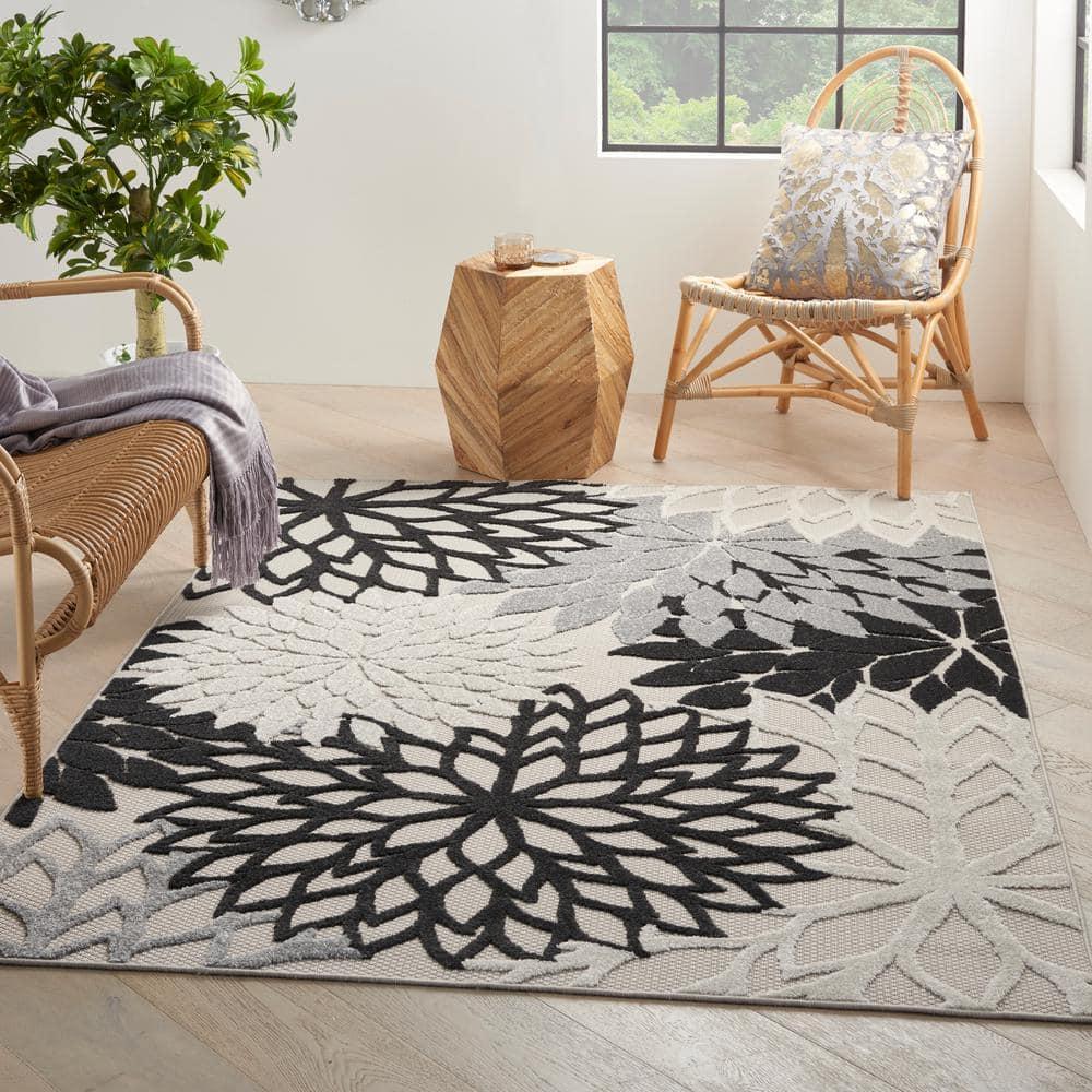 Nourison Aloha Floral Bloom Flatweave High-Low Indoor Outdoor Area Rug Black White 6' x 9'
