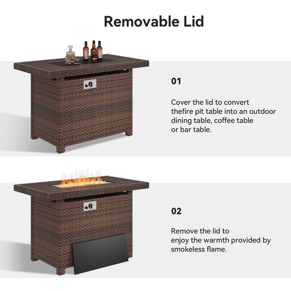 Gyutei44-in Rectangle 50,000 BTU PE Rattan Propane Fire Pit Table with Lid, Non-Glass Wind Cover