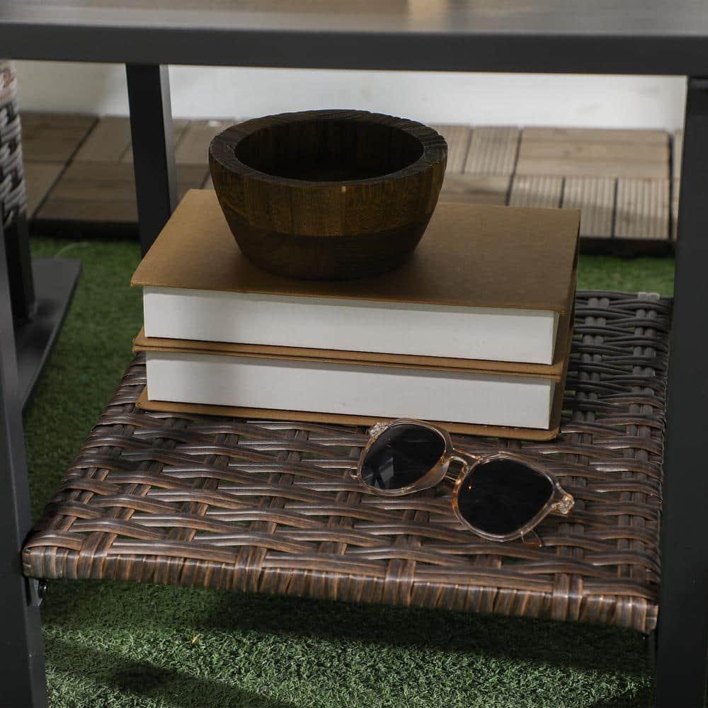 Outsunny 3 Piece Rocking Chair Bistro Set, Outdoor Wicker Porch Conversation Set with 2 Rockers, Table, Tufted Cushions for Garden, Dark Blue