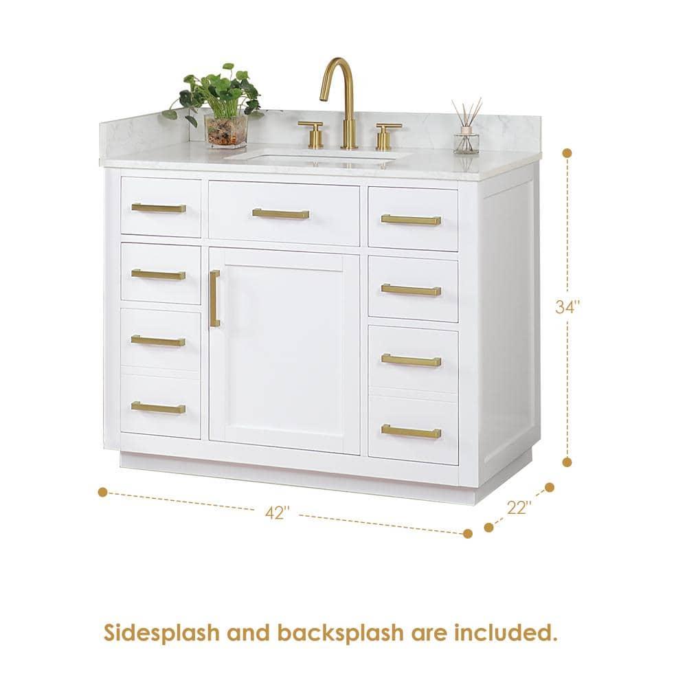 Gavino 42" Wood Vanity in White with Composite Stone Top no Mirror