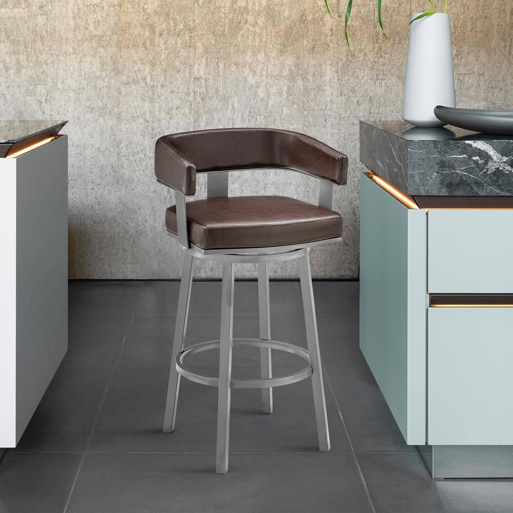 Armen Living Cohen30" Bar Height Swivel Bar Stool in Java Silver Finish and Chocolate Faux Leather