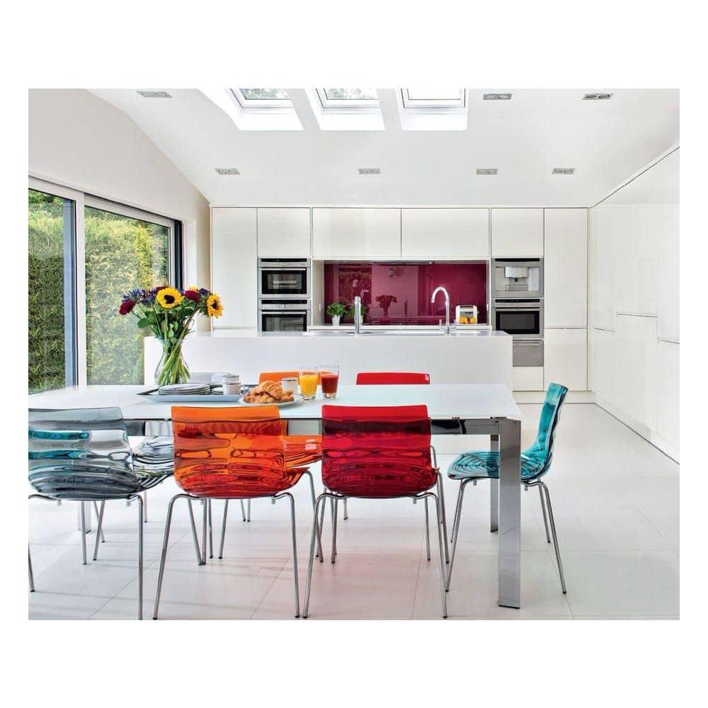 LeisureMod Astor Acrylic Dining Chair with Water Ripple Design and Metal Legs in Transparent Blue