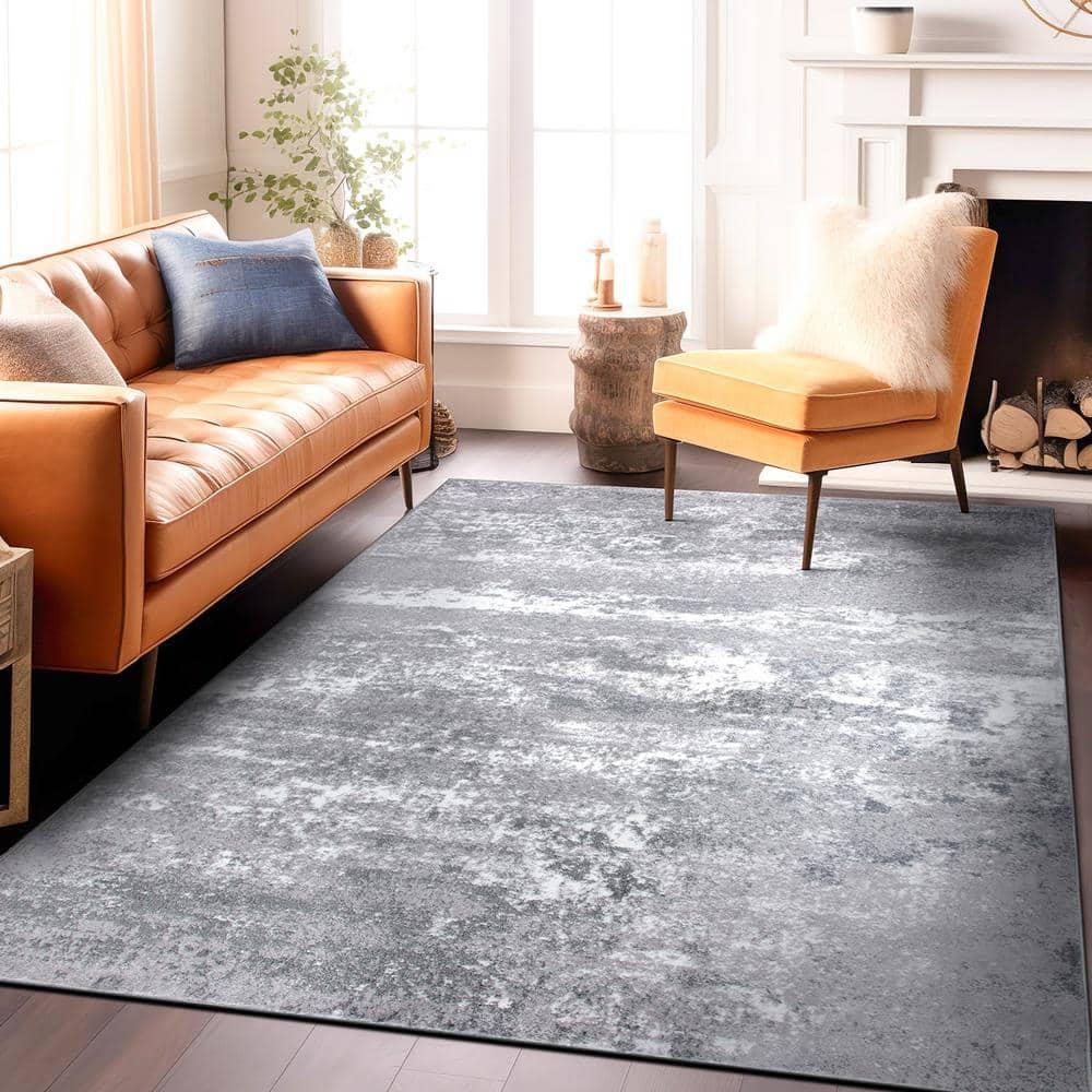 World Rug Gallery Distressed Abstract Watercolor Gray 7'10" x 10' Area Rug