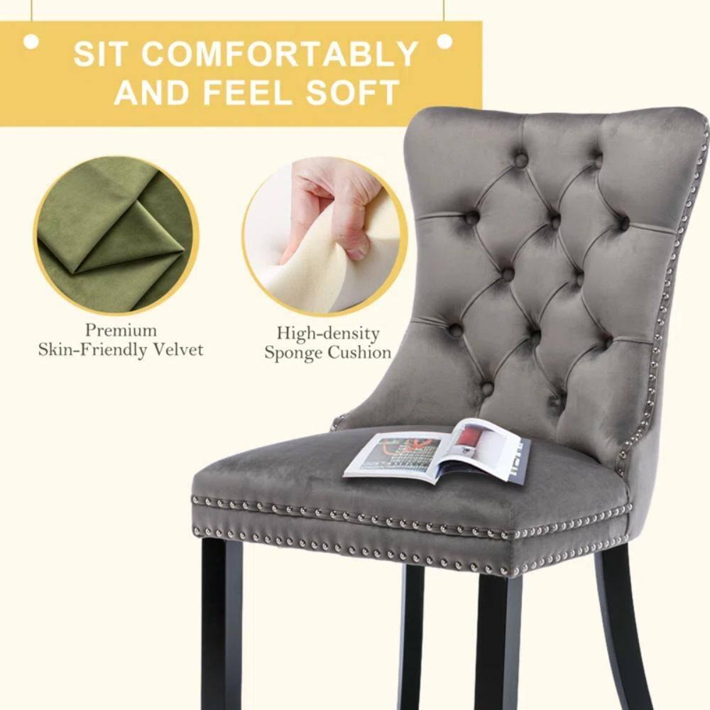 Modern Velvet Upholstered Dining Chairs with Back Button Nailhead Trim Accent Side Chairs with Wood Legs for Kitchen Dining Room(Gray,Set of 4)