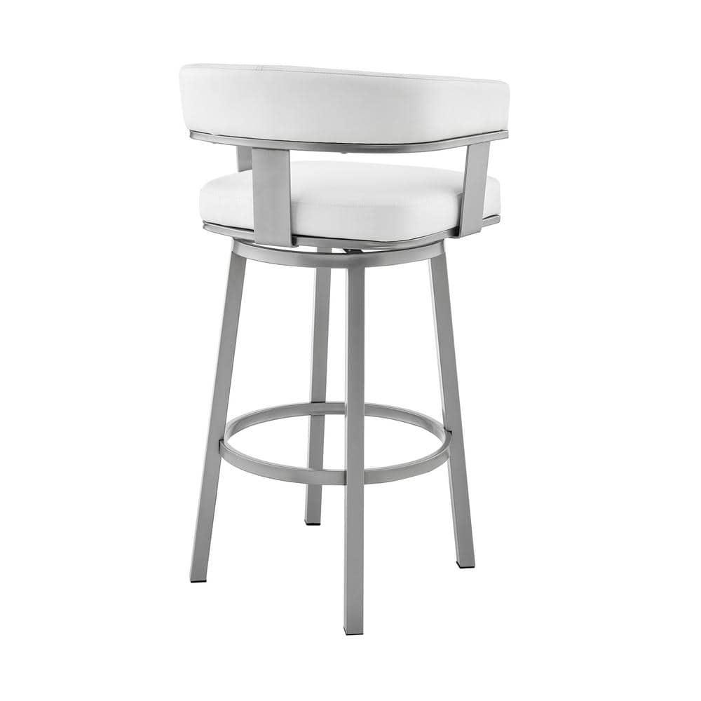 Armen Living Cohen30" Bar Height Swivel Bar Stool in Silver Finish with White Faux Leather