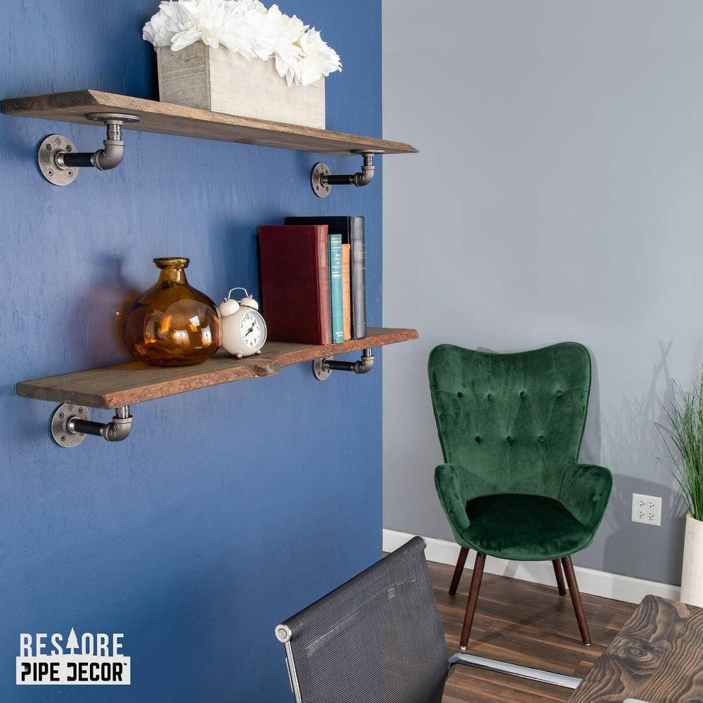 PIPE DECOR Live Edge Wood Shelves with L Shaped Pipe Brackets Boulder Black 36 in.