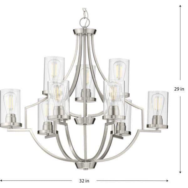 Progress Lighting, Lassiter Collection, 9-Light Chandelier, Brushed Nickel, Clear Glass Shades
