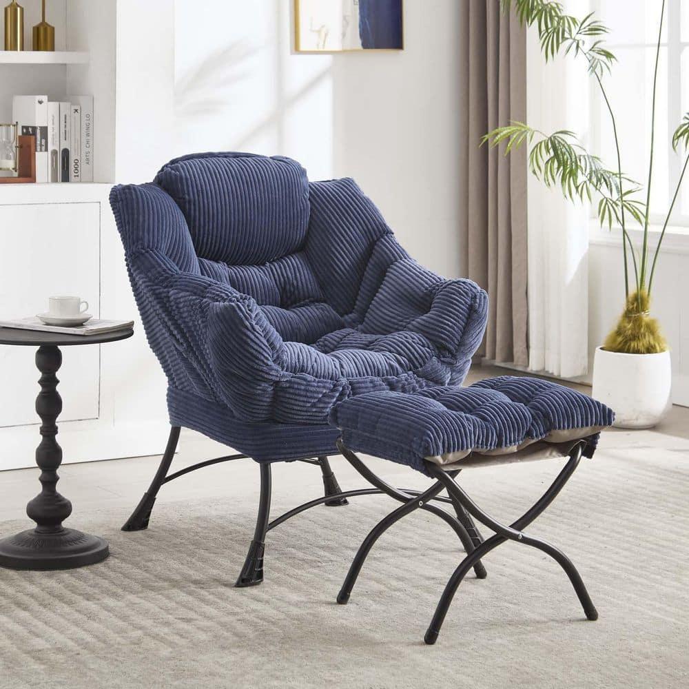 Modern Lazy Chair with Ottoman, Accent Chair with Armrests and a Side Pocket, Blue Cotton Reading Chair with Footrest-Coolbibila