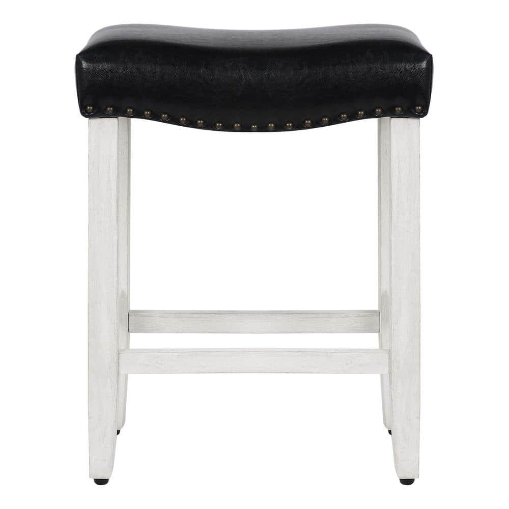 Polytrends Jameson Upholstered Polyester Antique White 24 Inch Counter Stool (Set Of 2) Antique White/Black Wood Rubberwood Footrest Leather Glam