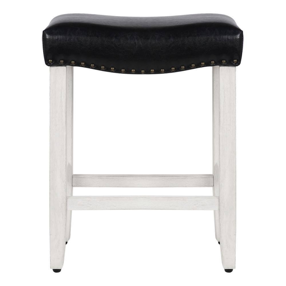 GRANDVILLA 24" Upholstered Bar Stool with Nail Head Trim, Antique White/Leather