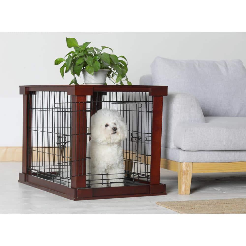 Merry Products 2 Door Decorative Pet Kennel with Wooden Protection Cover, Divider Insert, and Removable Tray End or Side Table, Large, Brown