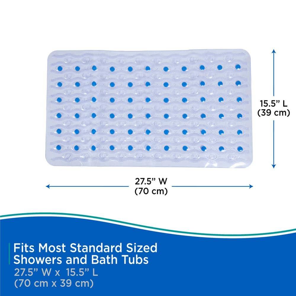 Kenney® Inside the Shower Vinyl Semi-Brushed Bath Mat with Suction Cups and Drain Holes, 27.5" L x 15.5" W, Clear and Blue