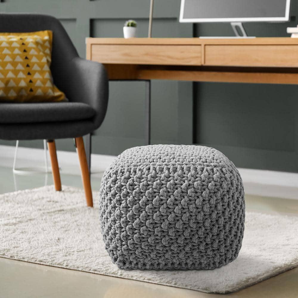 Casafield Square Pouf Ottoman, Light Gray - 18.5" W x 18.5" D x 14.5" H Cotton Knit Foot Stool - Boho Floor Pouffe for Living Room