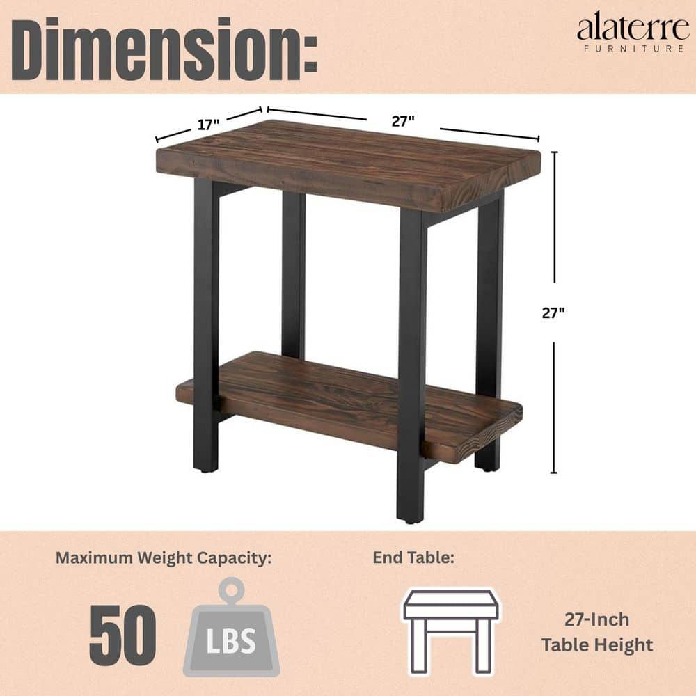Pomona Solid Wood and Metal End Table with Shelf - Alaterre Furniture: Rustic Design, Fixed Shelf, Rectangle Shape