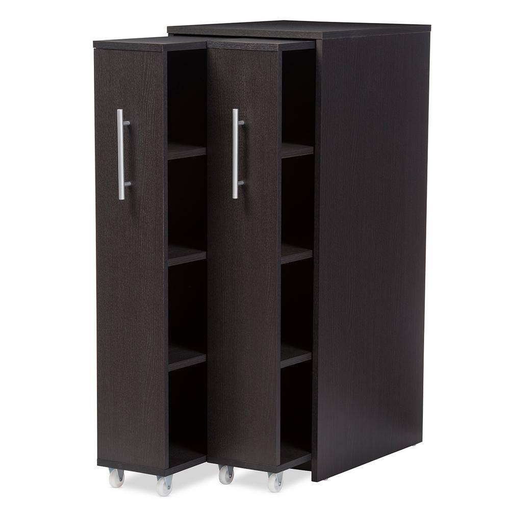 Baxton Studio Lindo Wood Bookcase with Two Pulled-out Doors Shelving Cabinet - Dark Brown: Media Storage, 10 Shelves, 54.25" Height