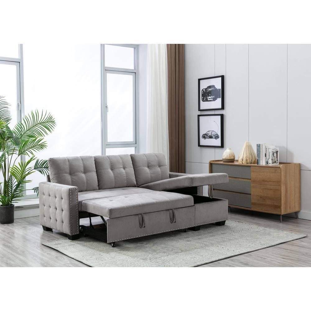 Bowery Hill Reversible Sleeper Sofa with Storage/USB Charging Port in Gray