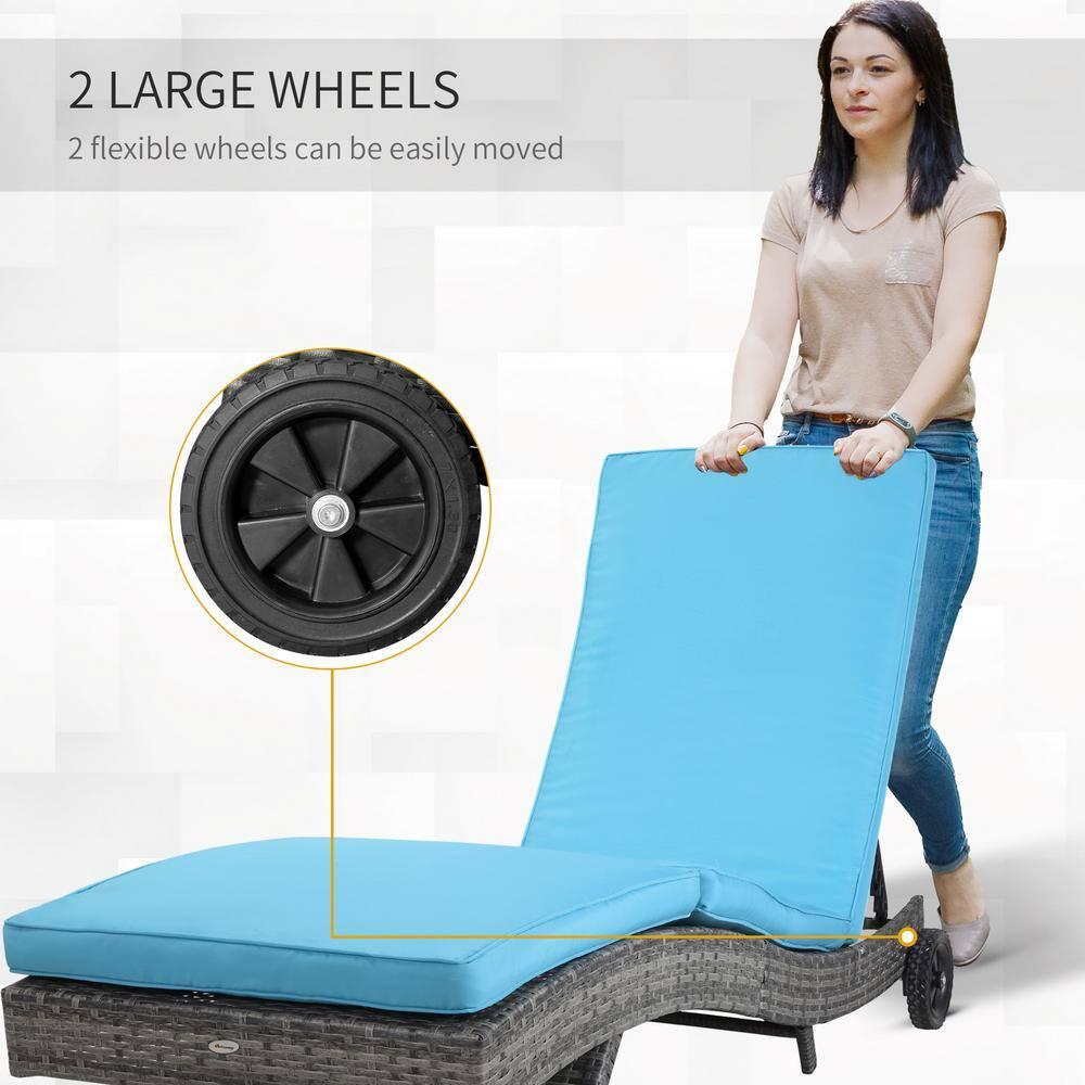 Outsunny Patio Wicker Chaise Lounge Chair, Outdoor PE Rattan Sun lounger w/ 5-Level Adjustable Backrest & 2 Wheels for Easy Movement, Sky Blue