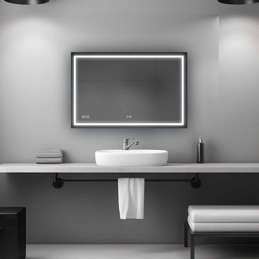 AQUADOM Daytona LED Wall-Mount Mirror for Bathroom with 3 Color Lighting, Touch Control, Dimmer and Defogger, Digital Clock
