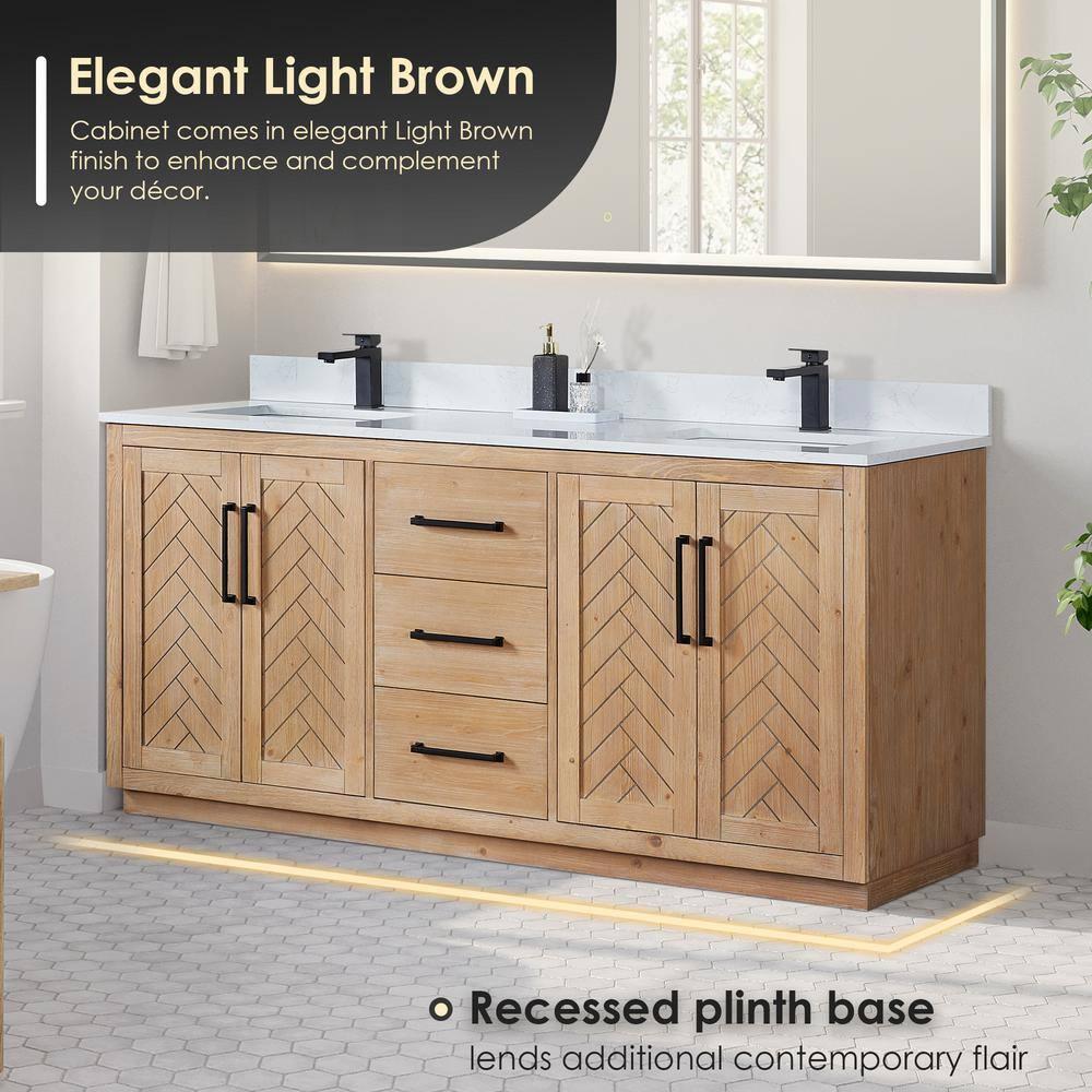 Anais 72" Wood Vanity in Light Brown with White Composite Stone Top with Mirror