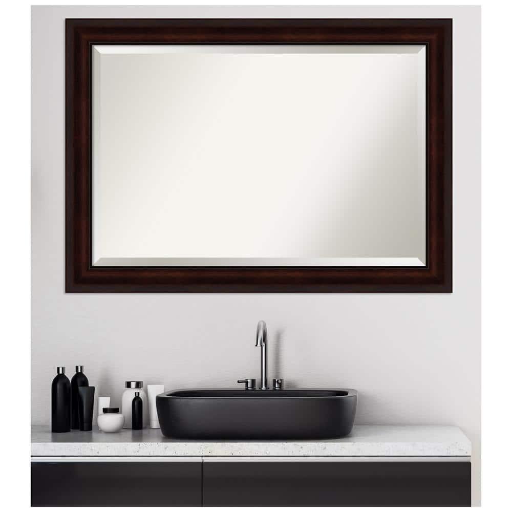 Amanti Art Beveled Bathroom Wall Mirror - Coffee Bean Brown Frame - Coffee Bean Brown Outer Size: 41 x 29 in