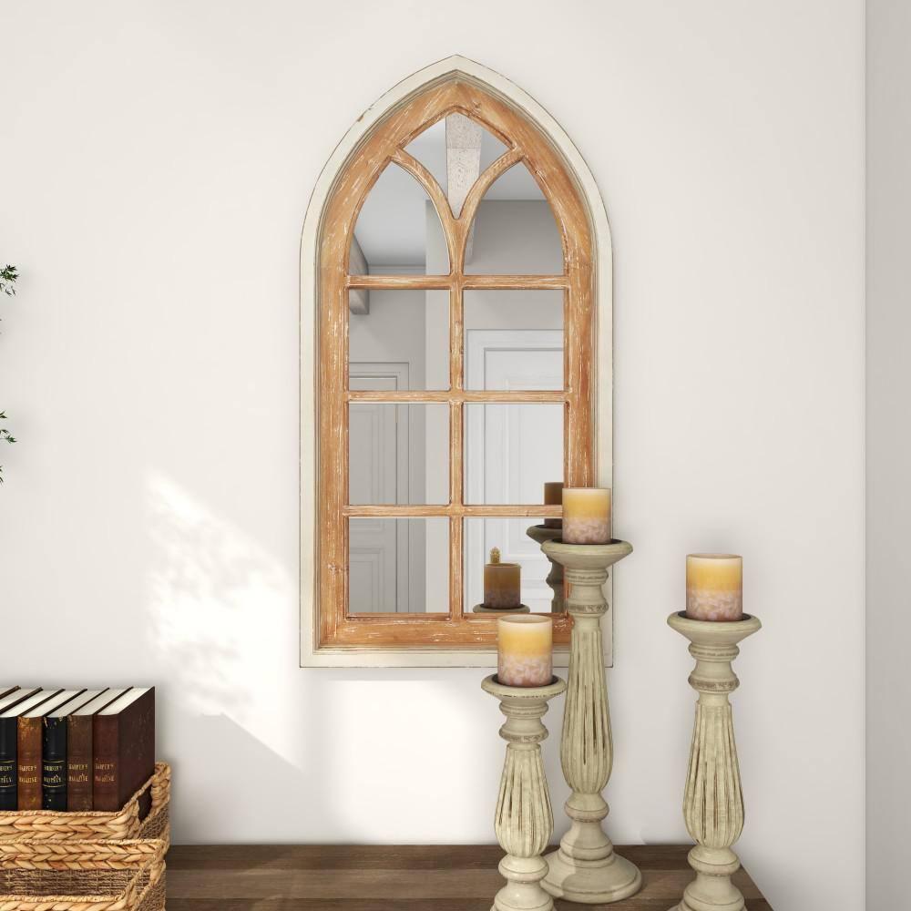 DecMode 26" x 35" Brown Arched Distressed Window Pane Wall Mirror