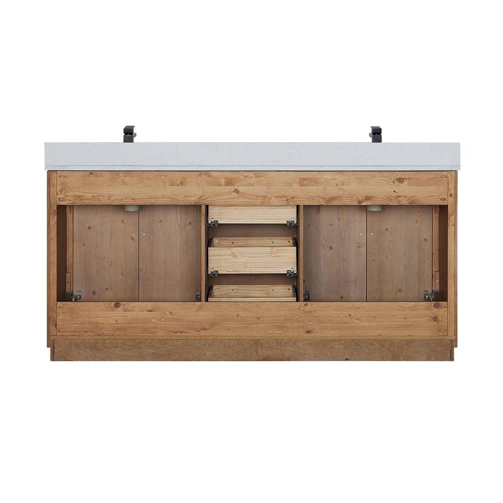 Anais 72" Wood Vanity in Light Brown with White Composite Stone Top with Mirror