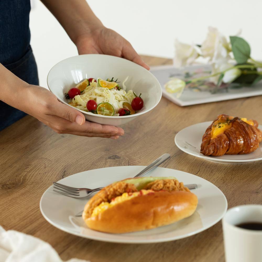 Dinewares 16 PC Spin Wash Dinnerware Dish Set for 4 Person | Mugs, Salad and Dinner Plates and Bowls Sets, Dishwasher and Microwave Safe, White