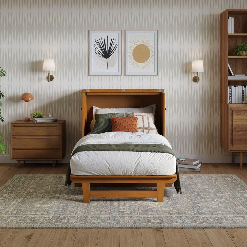 AFI Santa Fe Twin Wood Murphy Bed Chest with Mattress and Built-in Charger, Light Toffee