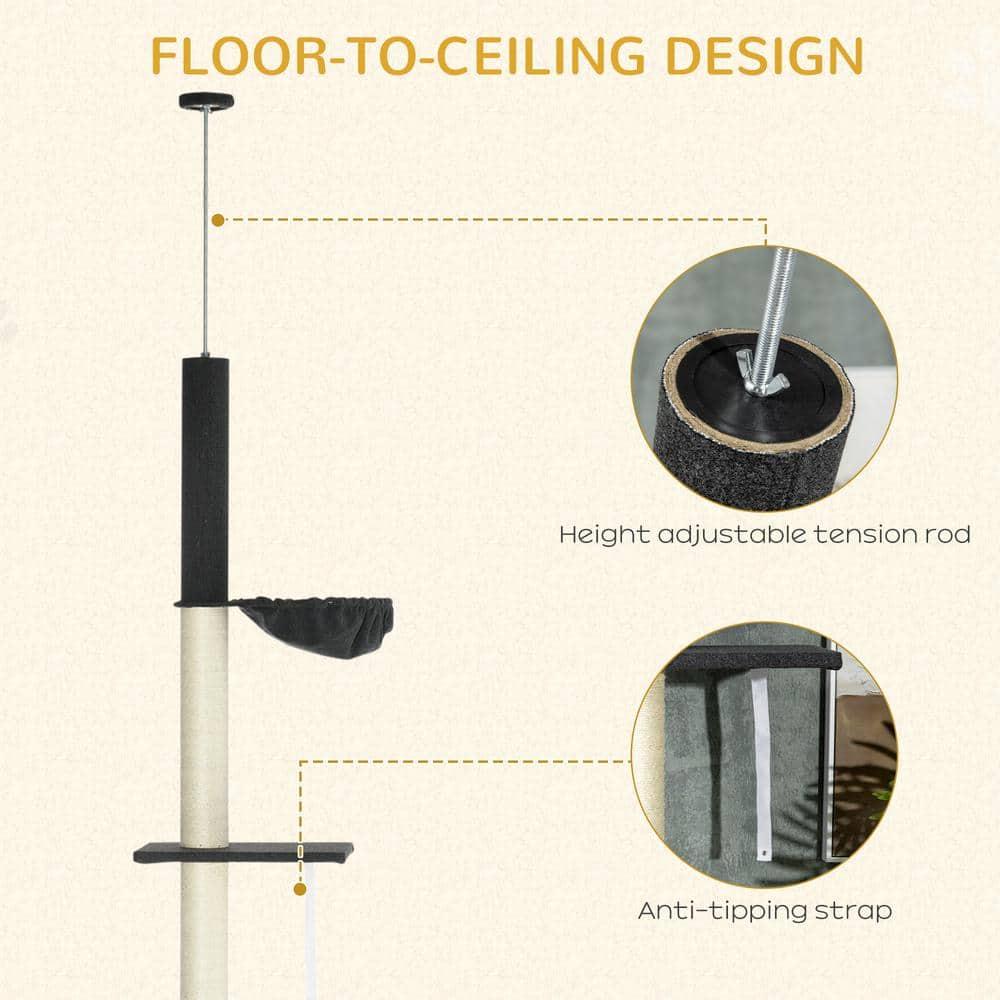 PawHut Floor To Ceiling Cat Tree, 5-Tier Cat Climbing Tower, 95"-106" Height with Bed, Hammock, Scratching Post for Indoor Cats, Dark Gray and Cream