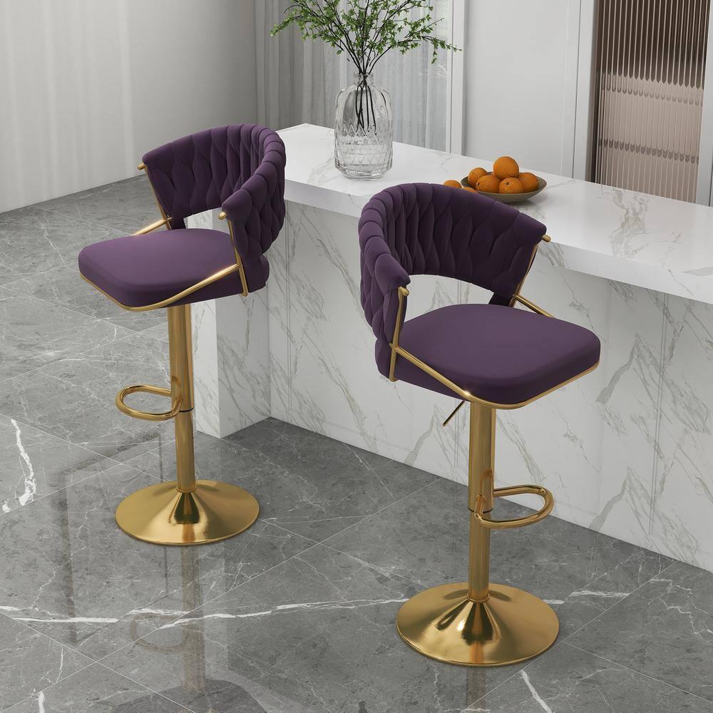 Kakotito 360° Velvet Swivel Bar Stools with Low Back & Footrest, Adjustable Counter Barstools, Silver Bar Stool (Set of 2 - Silver Version, Pink)