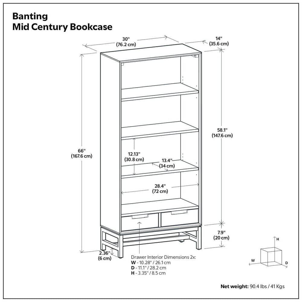 Banting 30"W Solid Wood 4 Shelf Industrial Bookcase with 2 Drawers, Adjustable Shelves, and Metal Base