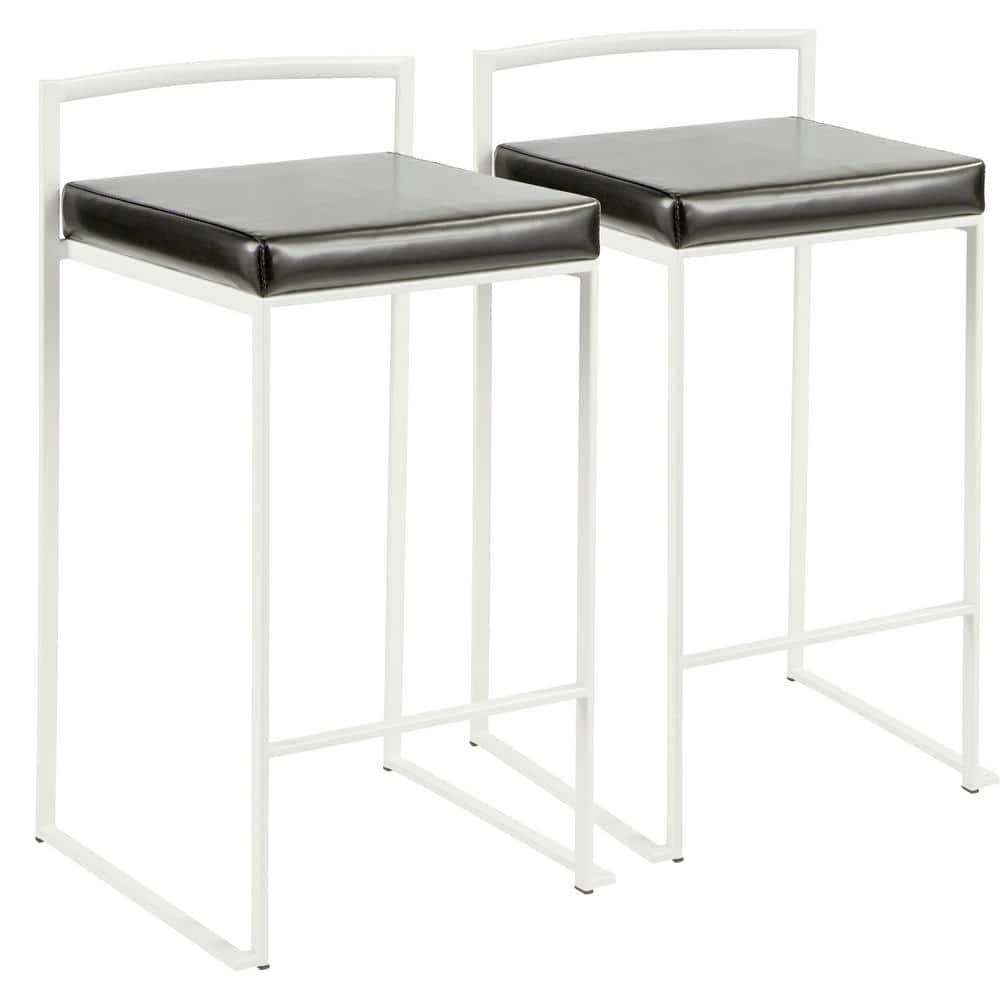 Fuji Contemporary Stackable Counter Stool In White With Black Faux Leather Cushion - Set Of 2