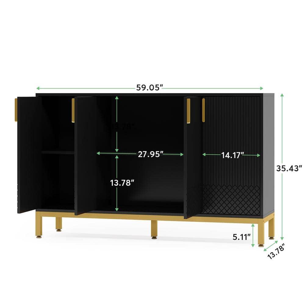 Finmind 59" Buffet Cabinet, 4-Door Storage Sideboard, Black & Gold Coffee Bar Cabinet for Dining Room or Living Room