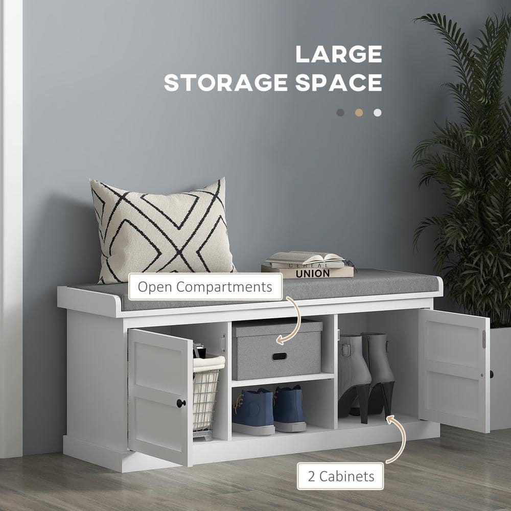 HOMCOM Shoe Bench with Cushion, Storage Bench for Entryway with Padded Seat, 2 Cabinets and Adjustable Shelf for Hallway, Living Room, Bedroom, White